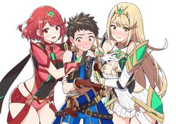 1boy 2girls absurdres baffu bangs bare_shoulders blush breasts cleavage_cutout covered_navel elbow_gloves fingerless_gloves gem gloves headpiece highres large_breasts long_hair looking_at_viewer multiple_girls mythra nintendo open_mouth pyra red_hair red_shorts rex_(xenoblade) salvager_headwear salvager_trousers salvager_vest short_hair shorts shoulder_armor simple_background smile swept_bangs thighhighs threesome tiara white_background xenoblade_(series) xenoblade_chronicles_2 yellow_eyes