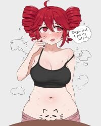 1girls 2026 2d ahoge blush blush_lines blushing brikot clothed clothing collarbone dialog dialogue do_you_want_to_pet_my_cat_(meme) drill_hair english english_text female female_only genitals hair hi_res highres kasane_teto light-skinned_female light_skin meme plain_background pussy red_eyes red_hair short_hair simple_background solo solo_female speech_bubble spiral_eyes text twin_drills utau vagina white_background