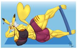 1futa abs absurd_res anthro areola areola_slip big_breasts bodily_fluids breasts bulge cleavage clothed clothing dickgirl ear_piercing ear_ring futa_only futanari hi_res huge_breasts intersex luca_(plankboy) muscular muscular_intersex nintendo piercing pikachu pokémon_(species) pokemon pokemon_rgby redmoon83 solo sweat thick_thighs video_games