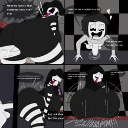 1boy 1girls big_ass big_breasts big_butt big_thighs black_hair black_sclera comic dialog dialogue english english_text five_nights_at_freddy's ghost ghost_sex japansadface lipstick long_hair marionette_(fnaf) older_female page_2 puppet_(fnaf) rosy_cheeks straight tagme taller_female vaginal_penetration white_pupils young younger_male