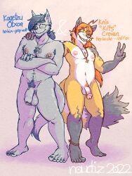 2022 3:4 5_toes anklet anthro armpit_hair ball_tuft balls beard big_penis body_hair canid canine canis chest_tuft colored_nails cross crossed_arms dog_tags duo ear_piercing english_text eyewear facial_hair feet fluffy fluffy_tail foreskin fox genitals gesture glans glasses goatee hair hairy_balls hand_gesture hand_on_shoulder hi_res inverted_cross jewelry kagetzu_otxoa_(naudiz) kris_"kits"_crevan_(naudiz) lgbt_pride long_hair male male/male mammal model_sheet multicolored_hair nails naudiz_(artist) necklace nipple_piercing nipples nude penis piercing plantigrade ponytail pride_colors pubes red_fox smile standing tail text toes true_fox tuft two_tone_hair v_sign vein veiny_penis wolf