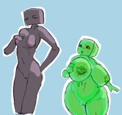 2026 areola big_breasts biped breasts duo enderwoman eyebrows female female_focus female_only genitals goo_creature green_body huge_breasts humanoid looking_at_another microsoft minecraft mojang nipples nude open_mouth partb_(artist) slime_(minecraft) small_breasts standing vulva xbox_game_studios