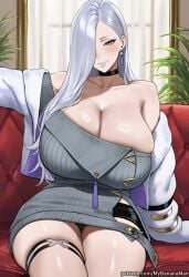 1girls ai_generated alternate_breast_size black_choker blue_eyeshadow blue_lips blue_lipstick blush breasts choker clothing couch curvy curvy_female curvy_figure dress earrings eyeshadow fate/grand_order fate_(series) female female_focus fur_trim grey_hair hair_over_one_eye hebinyobo_(fate_grand_order) hoop_earrings huge_breasts jacket jewelry large_breasts lipstick looking_at_viewer makeup massive_breasts mrs._snake_(fate) mybananaman off_shoulder omi-san_(fate) shiny_skin sitting solo solo_focus sweat sweater sweater_dress sweaty thigh_strap yellow_eyes