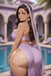 ai_generated ass_cheeks ass_focus ass_peek ass_visible back_view backboob bangle bindi black_hair blurry_background bracelet bubble_butt caramel-skinned_female earrings erect_nipples_under_clothes female indian indian_clothes indian_female large_ass lipstick long_hair looking_back_at_viewer loose_hair lounge_chair medium_breasts necklace nipple_bulge open_skirt palm_leaf poolside purple_clothing red_eyes rgomez007 seductive_look self_upload side_ass smiling_at_viewer solo_female stable_diffusion swimming_pool tanned_skin thick_lips thick_thighs traditional_clothes veil wavy_hair wide_hips