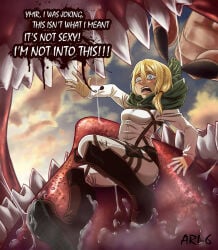 2019 ari-6 attack_on_titan blonde_hair blue_eyes blush bodily_fluids boots bottomwear cloak clothing cloud duo explicitly_stated_nonconsent female footwear green_cloak green_clothing hair historia_reiss human humanoid inside_mouth macro mammal monster monster_on_female pale_skin pants safe_vore saliva scout_regiment_(aot) sharp_teeth shirt shoes sky straps teeth tight_clothing titan_(attack_on_titan) topwear vore white_bottomwear white_clothing white_pants white_shirt white_topwear ymir_(shingeki_no_kyojin)