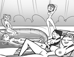 5girls big_breasts breasts bridgette_(tdi) courtney_(tdi) female_only floating greyscale heather_(tdi) human human_only inkershike innie_pussy izzy_(tdi) lindsay_(tdi) long_hair monochrome multiple_girls navel nipples nude outdoors ponytail pool pussy short_hair total_drama_island water