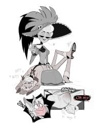 1boy 1girls alastor_(hazbin_hotel) animal_ears animal_tail belly_rub black_eyes blush blushing clothed craxkers english english_text erect_nipples erection_under_clothes femdom hat hazbin_hotel heart laying_on_back laying_on_lap monochrome monocle rosie_(hazbin_hotel) rubbing_belly sharp_teeth short_hair simple_background tail wagging_tail white_background