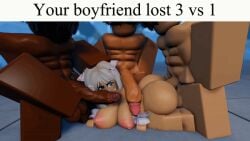 1girls 3boys 3d 3d_animation animated animated_gif animated_image animation antochan areolae ass balls boobs breasts butt caption cock defeated dick english english_text female gif male meme_caption multiple_males nipples nude outdoors penis rape raped_female roblox roblox_game robloxian source_request tagme text text_box the_strongest_battlegrounds tits trio_male