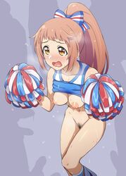 5boys absurdres areolae bare_shoulders blush bow breasts brown_hair cheerleader clothing embarrassed female flying_sweatdrops hairbow highres idolmaster idolmaster_cinderella_girls kneehighs leaning_forward long_hair medium_breasts multiple_boys multiple_penises navel no_bra nose_blush open_mouth penis pom_poms ponytail pubic_hair puffy_nipples shadow shirt shirt_lift skirt_around_ankles sleeveless sleeveless_shirt solo_focus sweat very_long_hair wakabayashi_tomoka wasabi_(nmrw4477) wavy_eyebrows yellow_eyes