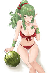 1girls armband bare_arms bare_midriff bare_shoulders bare_thighs belly big_breasts bikini breasts choker cleavage cute female female_only fire_emblem fire_emblem_awakening fire_emblem_heroes front-tie_bikini front-tie_top green_eyes green_hair human human_only j@ck large_breasts light-skinned_female light_skin long_hair manakete melon mouth_open navel nintendo nipple_bulge one_eye_closed open_mouth pointy_ears red_bikini red_swimsuit sitting sitting_down sitting_on_ground smile smiling solo solo_female stomach swimsuit thighs tiara tiki_(adult)_(fire_emblem) tiki_(adult)_(summer)_(fire_emblem) tiki_(fire_emblem) watermelon white_background wholesome wink winking