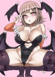 alternate_costume asanagi blush breasts cameltoe clothing cosplay danganronpa danganronpa_2:_goodbye_despair darkstalkers demon_wings female impossible_clothes large_breasts leotard morrigan_aensland_(cosplay) nanami_chiaki pink_hair pose revealing_clothes short_hair solo stockings straight_hair wings