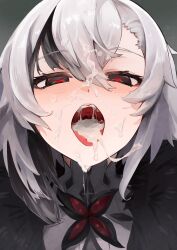 absurdres after_fellatio arlecchino_(genshin_impact) black_eyes black_streaks blush commentary_request cum cum_in_mouth cum_on_body dental_filling facial fatui_coat female fur_trim genshin_impact grey_hair hair_between_eyes highres inlay looking_at_viewer medium_hair mouth_focus multicolored_hair open_mouth portrait ramsar realistic_teeth red_pupils solo straight-on streaked_hair symbol-shaped_pupils tongue tongue_out uvula variant_set x-shaped_pupils