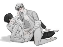 2boys angry angry_face angry_sex black_and_white black_hair blush coalmori first_porn_of_character gay gay_sex ghost_story_gotta_work glasses gray_hair green_eyes grey_hair hate_sex j3 kwak_jegang open_mouth riding riding_cock riding_penis shirt_open sketch yelling yellow_eyes