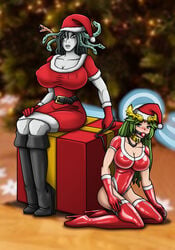 2girls ball_gag ballet_heels christmas edit femdom femsub high_heels hourglass_figure kid_icarus kid_icarus_uprising large_breasts latex leash medusa medusa_(kid_icarus) multiple_girls palutena re-maker remaker santa_costume santa_hat third-party_edit yuri