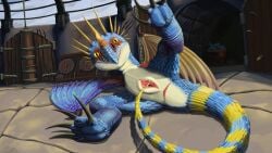 ambiguous_fluids ambiguous_gender anus axe basket blue_body blue_tail blue_wings claws clitoris cloud container deadly_nadder dragon dreamworks european_mythology fangs feet female female_feral feral floor gate genitals grid hi_res horn how_to_train_your_dragon mace melee_weapon membrane_(anatomy) mythological_creature mythological_scalie mythology presenting presenting_anus presenting_vulva scales scalie shield sky solo spread_vulva spreading stone_floor stormfly sword tail tail_anus teeth thick_tail uzu_nu_(artist) vaginal_penetration vulva wall_(structure) weapon western western_dragon wings wyvern yellow_eyes