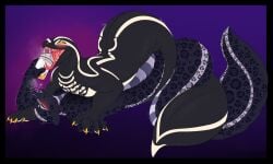 anthro anthro_on_anthro apode black_body black_border border container cup draconcopode duo entwined_tails eyes_closed fangs felid forked_tongue gradient_background hand_holding happy happy_sex hi_res holding_container holding_cup holding_object hybrid kindreddemon lamia legless lying male male/male mammal markings naga nude_male obscured_penetration obscured_sex on_back on_front pantherine purple_background reptile scalie serpentine sex simple_background snake split_form spots spotted_body tail tail_coil teeth thick_tail tongue tongue_out venom venom_milking white_body