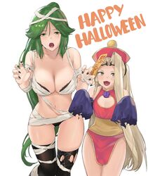 2girls green_eyes green_hair halloween halloween_costume j@ck kid_icarus mummy_costume nintendo palutena saliva skimpy_clothes viridi