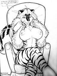 2007 anthro big_breasts black_and_white breasts chair claws ear_tuft english_text eyebrows eyelashes felid female furniture greyscale hair heart hi_res looking_at_viewer mammal max_blackrabbit mephitid monochrome navel nipples nude pantherine scarf skunk solo speech_bubble text tiger traditional_media_(artwork) tuft watermark zig_zag