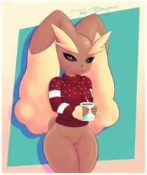 2019 anthro beverage bottomless clothed clothing female happy hi_res holding_beverage holding_object hot_cocoa looking_at_viewer lopunny mammal nintendo pokémon_(species) pokemon pokemon_(species) portrait pose pussy redbenjamin small_waist smile solo three-quarter_portrait video_games