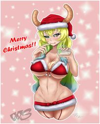 big_breasts breasts christmas christmas_bikini christmas_outfit cleavage clothed dragon_girl eggnog female female_focus female_only heterochromia humanoid large_breasts licking_lips long_hair looking_at_viewer lucoa miss_kobayashi's_dragon_maid monster_girl multicolored_hair quetzalcoatl_(dragon_maid) santa_bikini santa_hat simple_background text tongue tongue_out wulfsenn