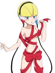 1girls blonde_hair blue_eyes blush bow censored convenient_censoring covered_breasts covering covering_crotch elesa_(pokemon) elesa_(pokemon_bw) female looking_at_viewer looking_down model naked navel nintendo pokemon pokemon_bw small_breasts solo thigh_gap underboob white_background