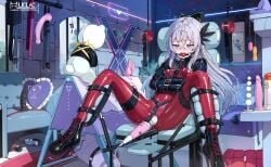 ball_gag blue_eyes blush bodysuit bolero_straitjacket bondage bound bound_arms bound_legs breasts crying crying_with_eyes_open dildo drooling egg_vibrator fate/grand_order fate_(series) female gag gagged green_hair high_heelsfeather highres hitachi_magic_wand indoors latex latex_bodysuit liclac long_hair looking_at_viewer navel restrained saika_magoichi_(fate) separated_legs sex_toy skin_tight small_breasts stomach straitjacket tears trembling very_long_hair vibrator wiffle_gag