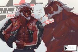 akarugon anthro bara barazoku beard big_daddy_(zenless_zone_zero) cigarette facial_hair furry male male_focus male_only muscles muscular nipple_piercing open_clothes red_skin shirtless solo solo_male suina sunglasses sus_(pig) tusks white_hair zenless_zone_zero