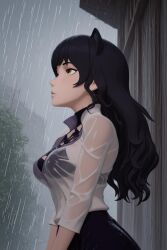 ai_generated amber_eyes belladonna_(rwby) black_hair blake_belladonna bra building cat_ears catgirl cleavage detailed faunus female hi_res high_detail long_hair looking_forward neutral_expression outdoors profile rain raining realistic_shading rwby see-through see-through_clothing serious slim solo transparent_clothing visible_bra wet wet_clothes wet_shirt wooden_wall