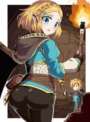 1boy 1girls ass belt big_ass blonde_hair breath_of_the_wild female human hylian link link_(breath_of_the_wild) male pointy_ears princess_zelda short_hair suzusiigasuki tears_of_the_kingdom the_legend_of_zelda thighhighs thighs tight_clothing zelda_(tears_of_the_kingdom)