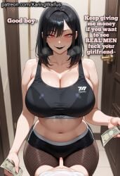 ai_generated black_hair black_lipstick cuckold goth goth_girl holding_money karingwaifus money netorare small_penis small_penis_humiliation