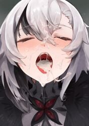 absurdres after_fellatio arlecchino_(genshin_impact) black_streaks blush closed_eyes commentary_request cum cum_in_mouth cum_on_body dental_filling facial facing_viewer fatui_coat female fur_trim genshin_impact grey_hair hair_between_eyes highres inlay medium_hair mouth_focus multicolored_hair open_mouth portrait ramsar realistic_teeth solo straight-on streaked_hair tongue tongue_out uvula variant_set