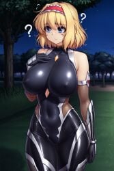 1girls ai_generated alice_margatroid blonde_hair blue_eyes bodysuit breasts confused_face female hater_(hatater) large_breasts leotard medium_hair night park solo_female taimanin_(series) taimanin_suit touhou