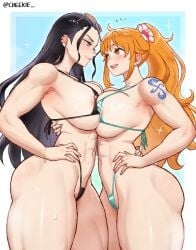 2girls arm_tattoo black-haired_female black_hair blue_tattoo breasts breasts_squeezed_together cheekie0 female female_only hand_on_hip muscular muscular_female nami_(one_piece) nico_robin one_piece orange-haired_female orange_hair swimsuit tagme tattoo toned toned_body voluptuous voluptuous_female