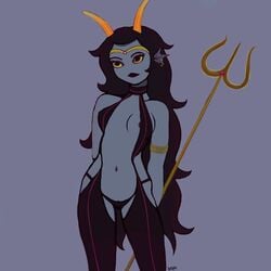 1girls arm_bracelets belly_piercing black_hair black_lips ceruleansilk crown dress feferi_peixes female fin_piercing fins grey_background grey_skin hands_behind_back homestuck horns long_hair ms_paint_adventures navel_piercing piercing pink_eyes small_breasts trident troll