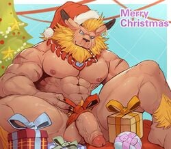 1boy 2019 abs anthro bara christmas detailed_background digimon digimon_(species) holidays humanoid_penis leomon male male_focus male_only muscular muscular_male nude pecs penis pubes raymond158 smile solo solo_male