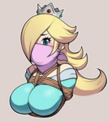 1girls blonde_hair blush bondage breast breast_bondage breast_squeeze breasts cleavage cloth_gag crown deep_cleavage female female_only femsub gag gagged grey_background hair_over_one_eye jam-orbital large_breasts long_hair mario_(series) nintendo over_the_nose_gag princess_rosalina restrained rope rope_between_breasts simple_background solo super_mario_galaxy tight_clothes tight_clothing