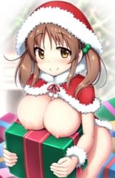 arisu_kazumi box breasts brown_eyes brown_hair capelet christmas christmas_lights christmas_ornaments christmas_tree eyebrows_visible_through_hair female fur-trimmed_capelet fur_trim gift gift_box idolmaster idolmaster_cinderella_girls large_breasts looking_at_viewer naked_capelet nipples pine_tree red_capelet santa_costume smile solo totoki_airi tree twintails wrist_cuffs