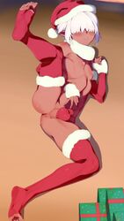 1boy anus blush bulge christmas dark-skinned_femboy dark-skinned_male dark_skin elf feet femboy girly kuroino_(0kuro8ino6) looking_at_viewer male male_only nipples original pointy_ears presenting_anus santa_hat solo thighhighs toes trap zai_(kuroino)