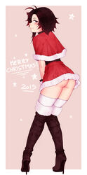 1girls ass bluefield boots capelet christmas female female_only high_heel_boots high_heels looking_at_viewer looking_back no_panties presenting_hindquarters ruby_rose rwby solo thighhighs