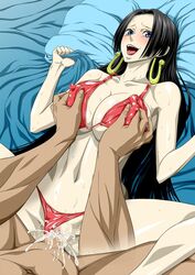 1girls big_breasts bikini black_hair blue_eyes blush boa_hancock breasts censored clothing cum cum_in_pussy cum_inside earrings female laid_down long_hair male mosaic_censoring nel-zel_formula one_piece open_mouth penetration penis pussy red_underwear sex spread_legs sweat tears vaginal_penetration