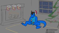 16:9 action_figure anthro balls brown_hair cervid cervine christmas clothing dragon elk fireplace flaccid green_sclera hair hi_res holidays legwear male male_only mammal nude penis scalie sitting smile snow stockings tree uncut xanderg xanderg_(artist)