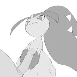1:1 1boy ambiguous_gender duo flat_chest hi_res interspecies larger_male male mawile monochrome nintendo penis pokemon pokemon_(species) pokemon_rse pokephilia pov simple_background size_difference video_games white_background youjomodoki