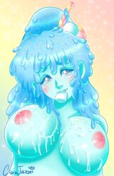 big_breasts blue_skin candy cum_on_breasts doublemaximus female_only food_creature food_humanoid marshmallow melting original_character slime_girl solo_female sprinkles sweets