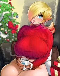 1girls ass big_breasts bimbo blonde_hair blue_eyes breasts christmas cleavage clothing female female_only gradient_hair hair_over_one_eye hard-degenerate huge_breasts human lips looking_at_viewer mario_(series) navel nintendo partially_clothed princess_rosalina solo sweater thick_thighs thighs turtleneck turtleneck_sweater wide_hips