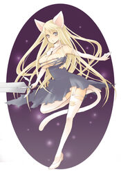 animal_ears blonde_hair breasts claymore claymore_(sword) clothing elbow_gloves female galatea_(claymore) garter_belt gloves huge_breasts large_breasts long_hair pocopoco solo stockings sword tail thighhighs torn_clothes torn_legwear very_long_hair weapon