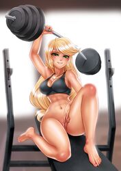 1girls absurdres applejack_(mlp) barbell barefoot blonde_hair bottomless breasts cleavage feet female female_only friendship_is_magic green_eyes highres human human_only humanized large_breasts long_hair my_little_pony navel necklace pussy racoonkun shiny shiny_hair shiny_skin smile solo straight_hair strong thighs third-party_edit toes very_long_hair weightlifting weights