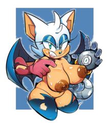 angry anthro bat big_breasts bionic_arm blue_background breasts chiropteran clothing female furry gloves handwear hi_res kingraam legwear looking_at_viewer mammal navel nude pussy raamskorge rouge_the_bat sega sharp_teeth simple_background sonic_(series) sonic_the_hedgehog_(series) stockings teeth torn_clothing