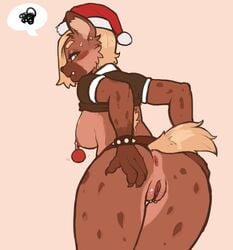 2019 absurd_res anthro anus areola ass big_breasts big_butt biped blonde_hair blush bottomless breasts canid canine christmas claws clothed clothing collar curvy_figure embarrassed fangs female fur furry furry_only green_eyes hat headgear headwear hi_res holidays humanoid_hands hyaenid looking_at_viewer looking_back mammal nipple_piercing nipples partially_clothed piercing presenting presenting_anus presenting_hindquarters presenting_pussy pussy reccand santa_hat shirt simple_background solo solo_female speech_bubble spiked_collar spikes spotted_hyena standing tail thick_thighs topwear wide_hips