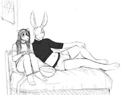 2019 anthro bed black_and_white bulge clothed clothing didelphid duo eyewear furniture glasses hair hair_over_eye hi_res hladilnik lagomorph leporid long_hair male mammal marsupial monochrome navel on_bed one_eye_obstructed original_characters penis_outline rabbit simple_background sketch white_background