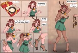 2019 absurd_res antlers ass bell_collar breast_expansion brown_fur brown_hair christmas clothed_female cloven_hooves disembodied_hands ear_transformation female fur_growth furry gift green_dress green_eyes high_heels hooves horn_growth human_to_anthro post_transformation reindeer tail_growth transformation unidentified-tf unseen_character